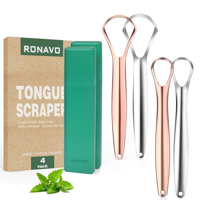 RONAVO Tongue Scraper Cleaner for Adults and Kids, Oral Hygiene, Oral Health, Improve Taste, No Smell, No Rust, 2 Colors (4 Pack) - Image 1